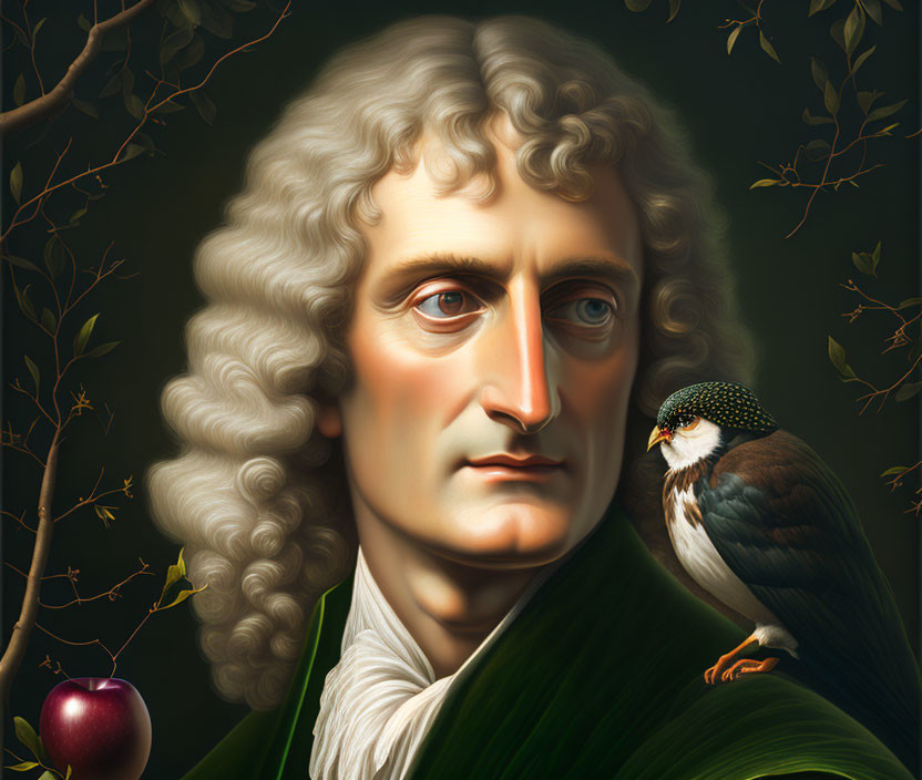 Portrait of stern-faced man with long curly hair in green coat with bird of prey and apple.