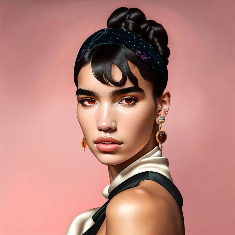 Woman with Top Bun, Headband, Hoop Earrings, Makeup, and Satin Scarf