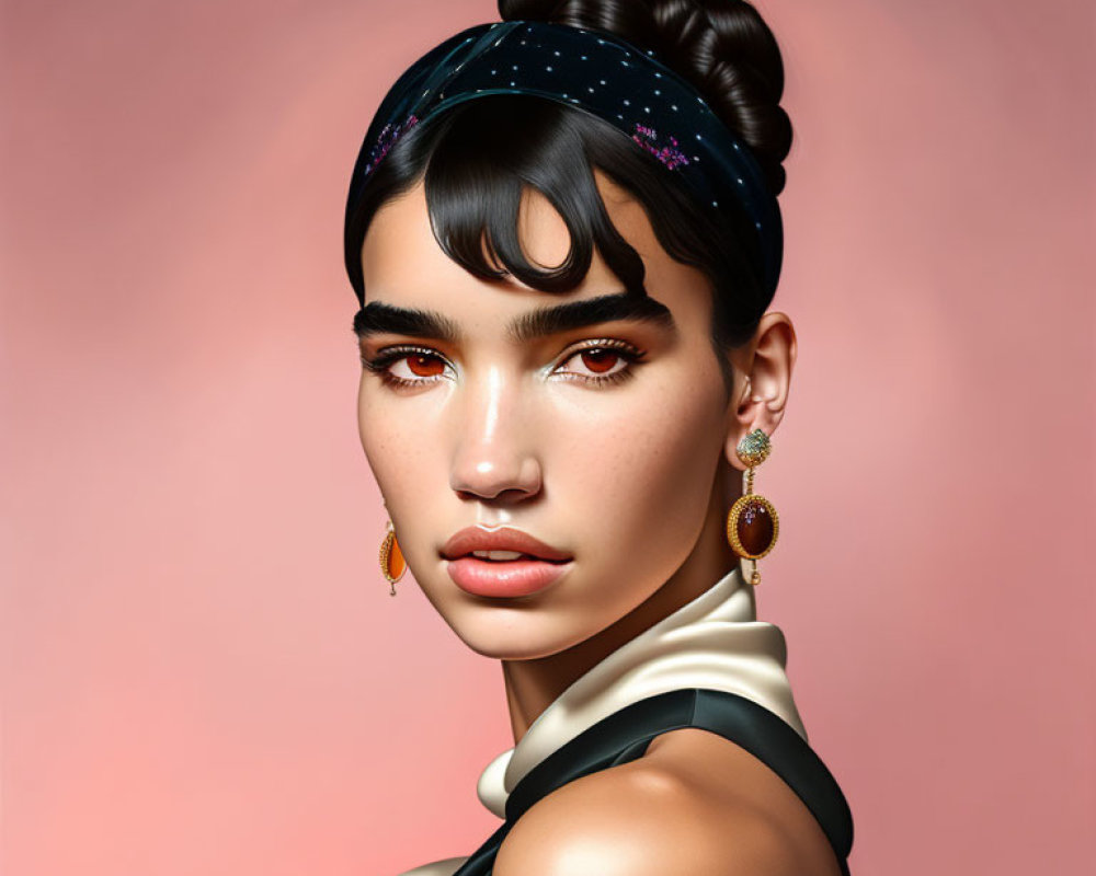 Woman with Top Bun, Headband, Hoop Earrings, Makeup, and Satin Scarf