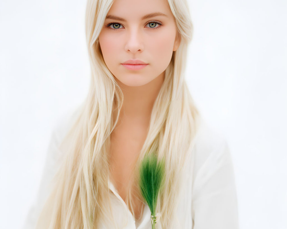 Blonde Woman with Blue Eyes Holding Green Plant on White Background