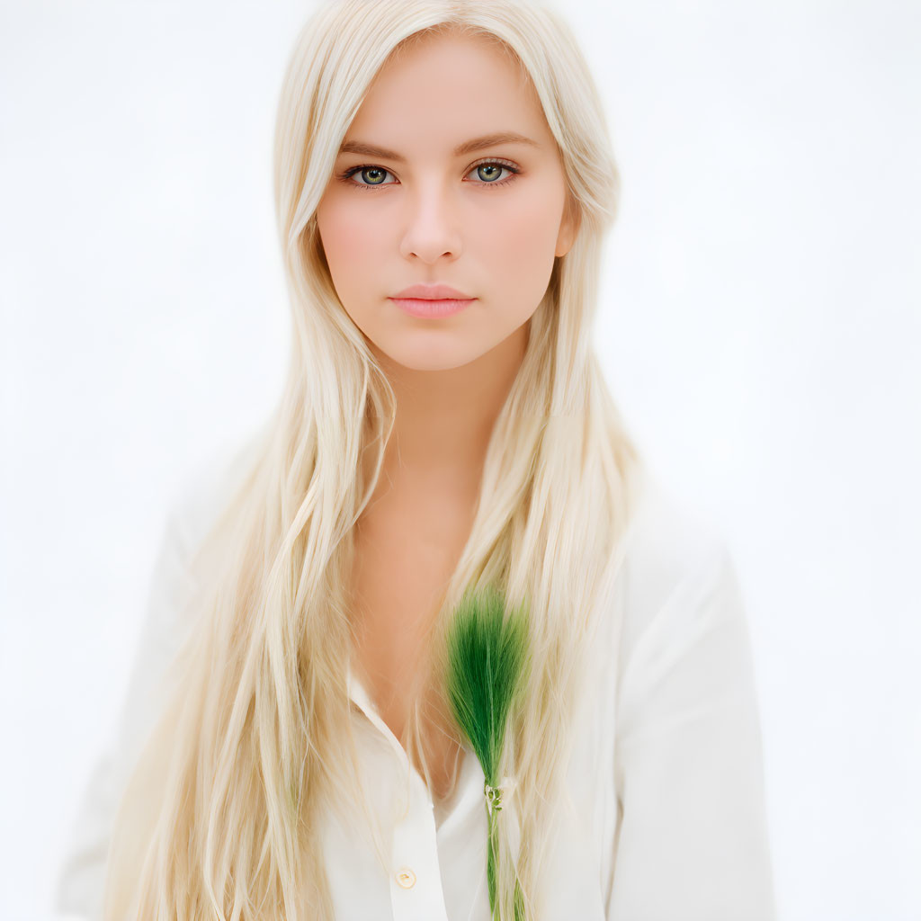 Blonde Woman with Blue Eyes Holding Green Plant on White Background