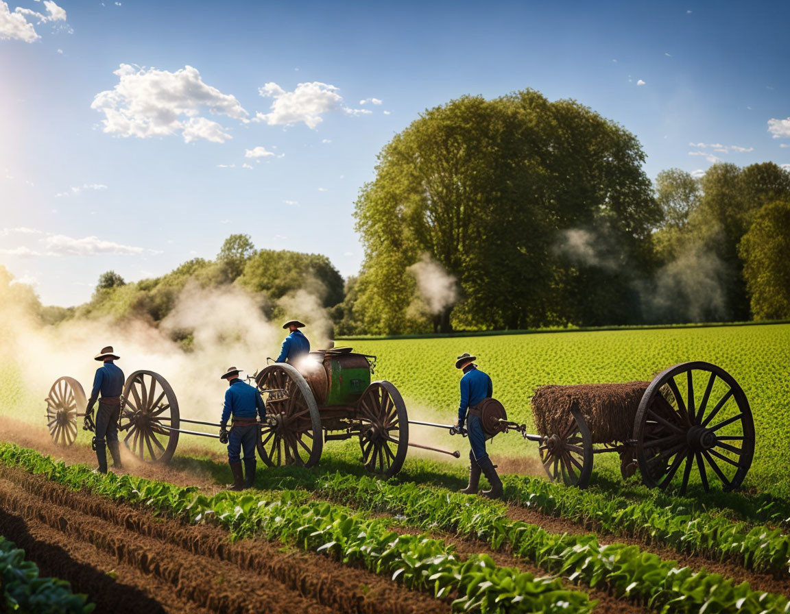 Historical People Using Horse-Drawn Sprayer on Farm Field