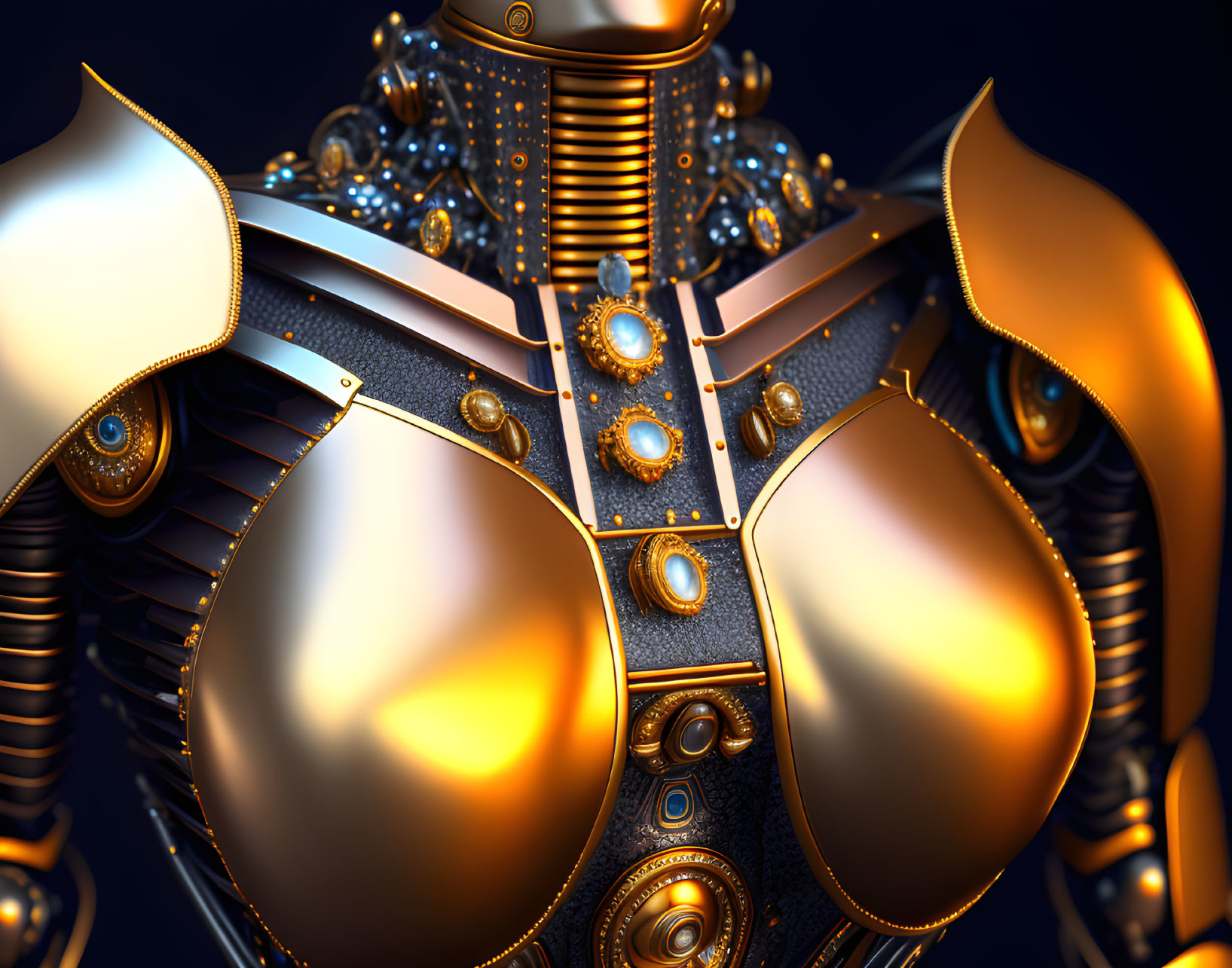 Detailed Futuristic Armor with Golden Plates and Blue Jewels