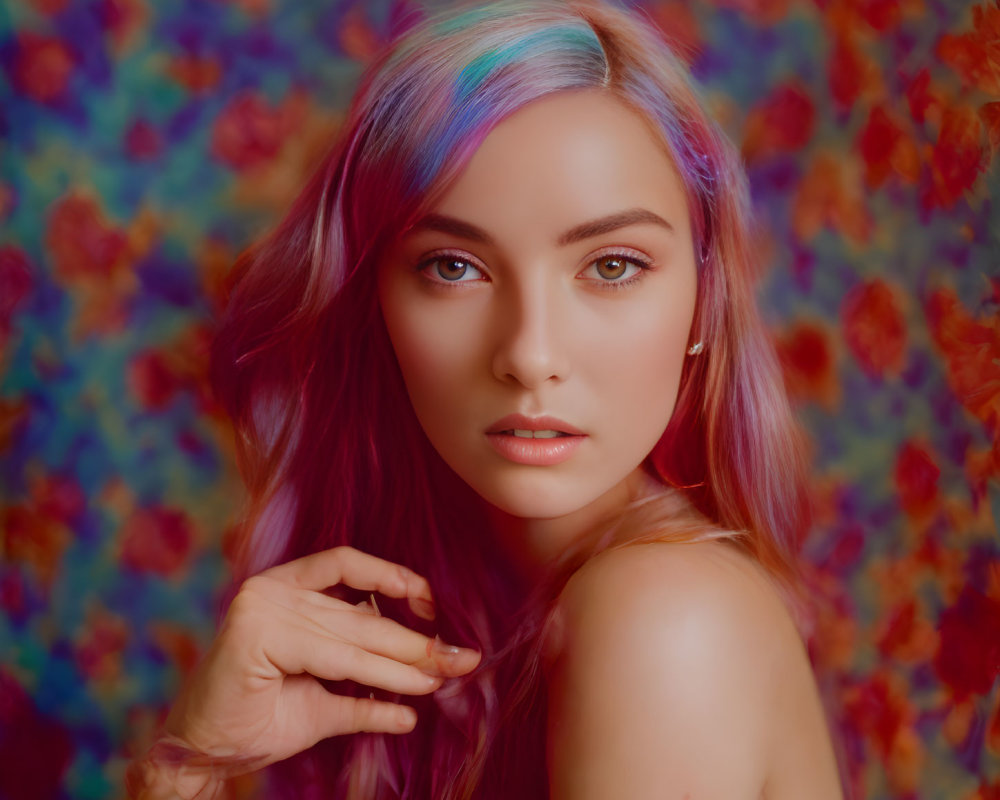 Rainbow-haired person posing against vibrant floral backdrop