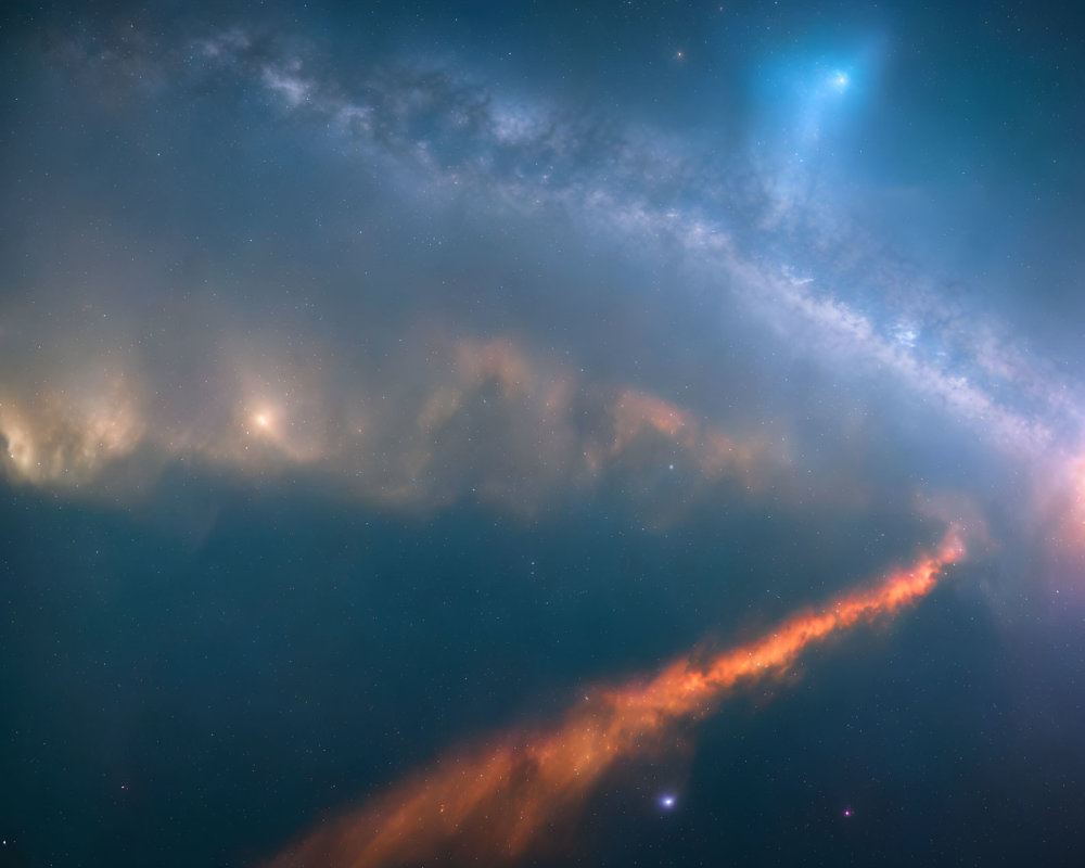 Colorful cosmic scene with starry background and glowing nebulae in blue, orange, and white