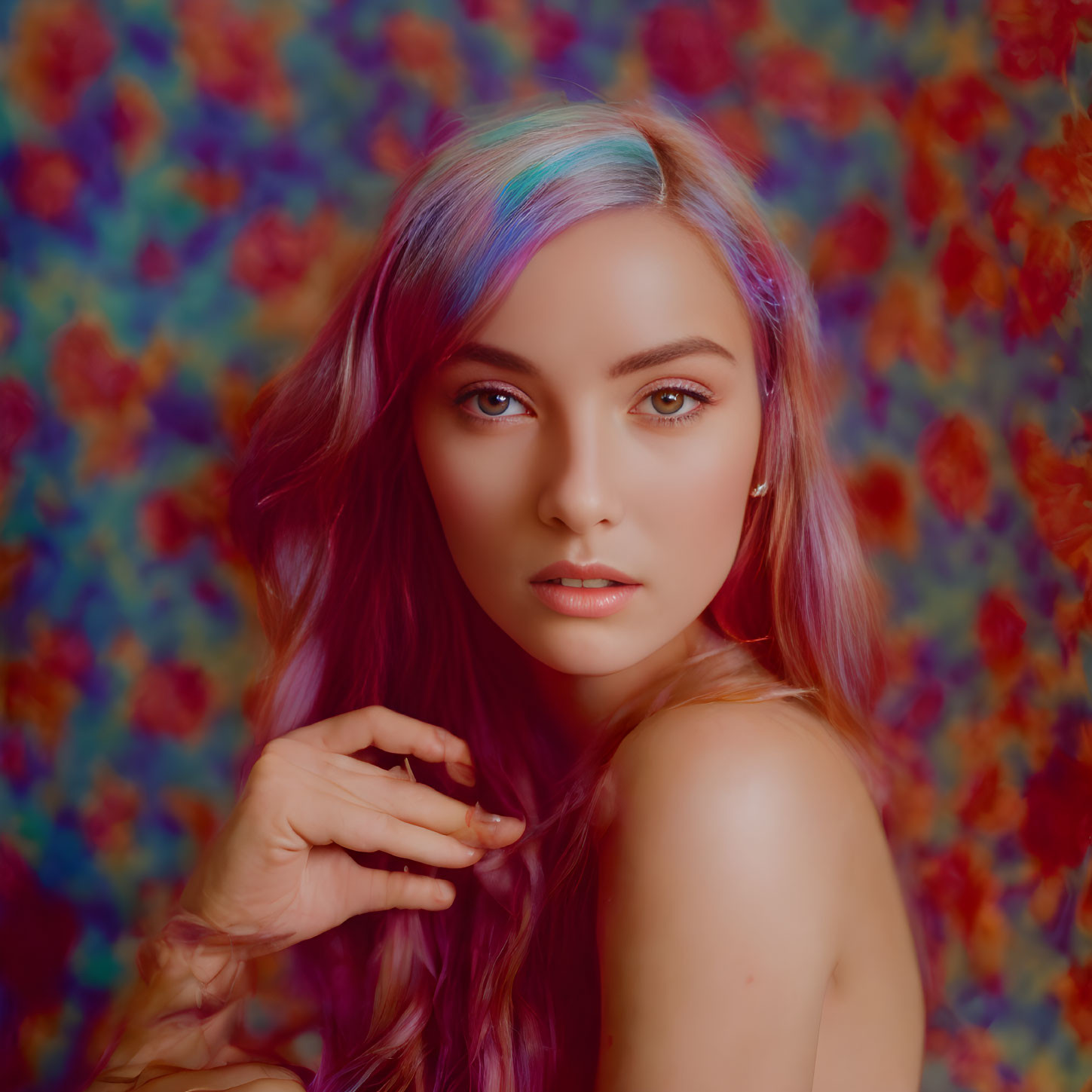 Rainbow-haired person posing against vibrant floral backdrop