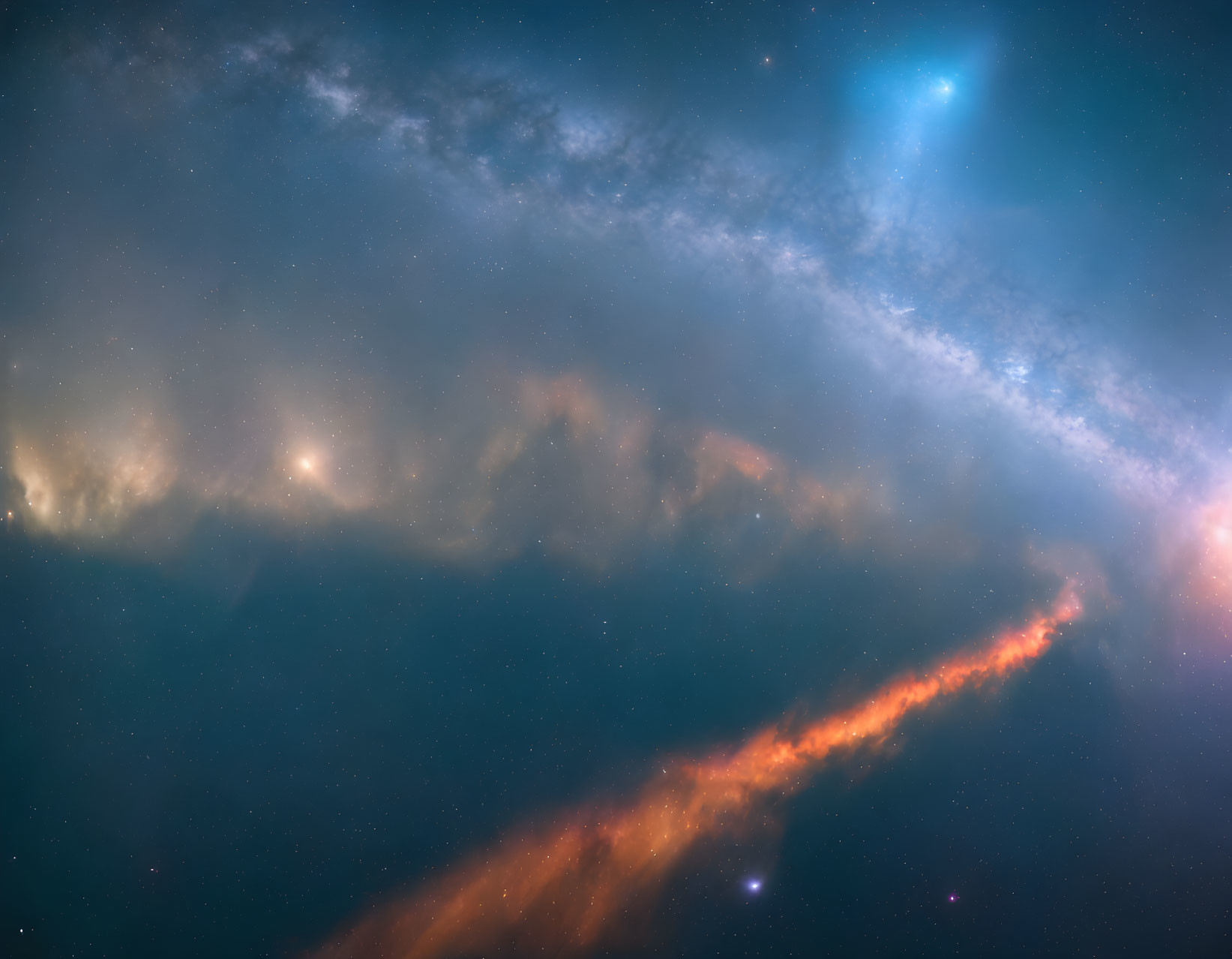 Colorful cosmic scene with starry background and glowing nebulae in blue, orange, and white