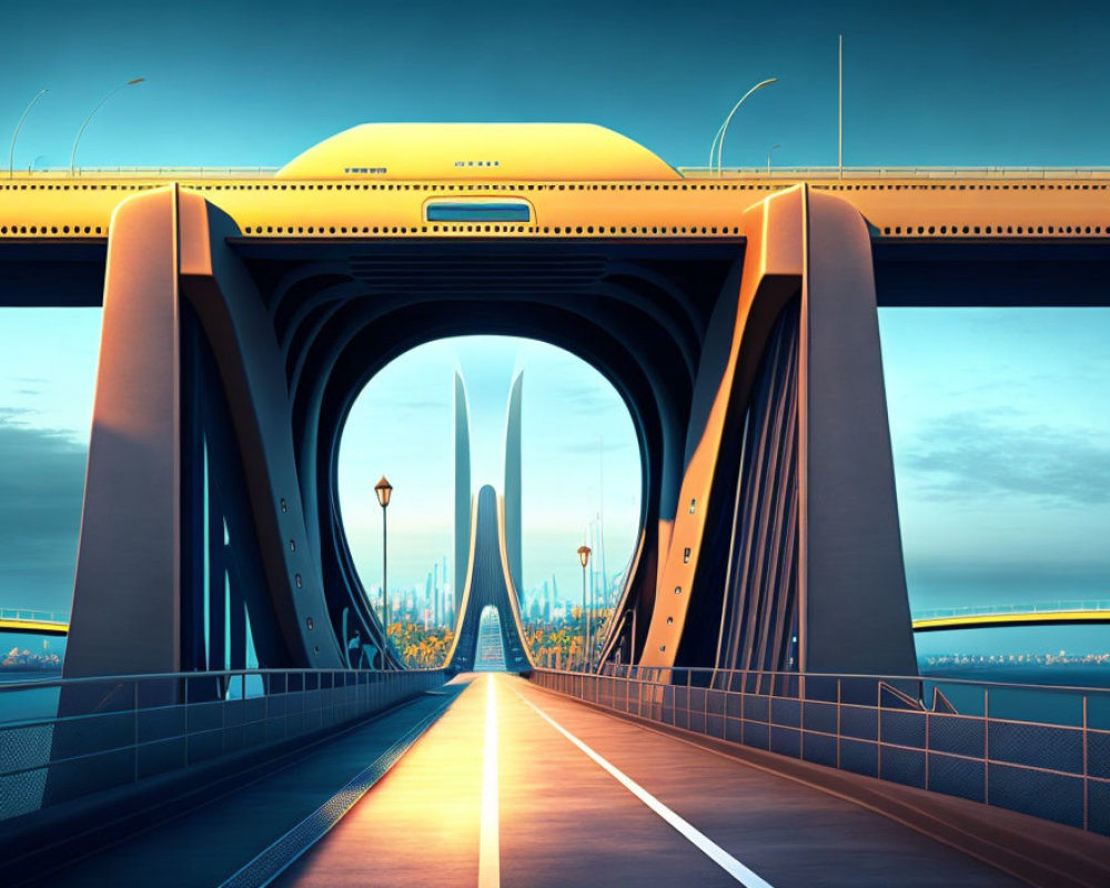 Modern Futuristic Bridge Design with Pedestrian Pathways and City Skyline at Sunset