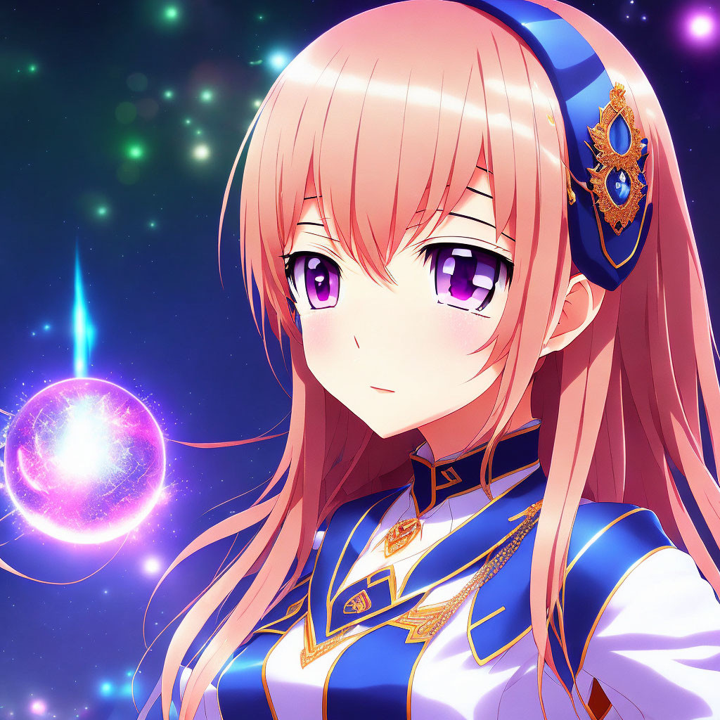 Pink-haired anime girl in blue and gold uniform against cosmic backdrop