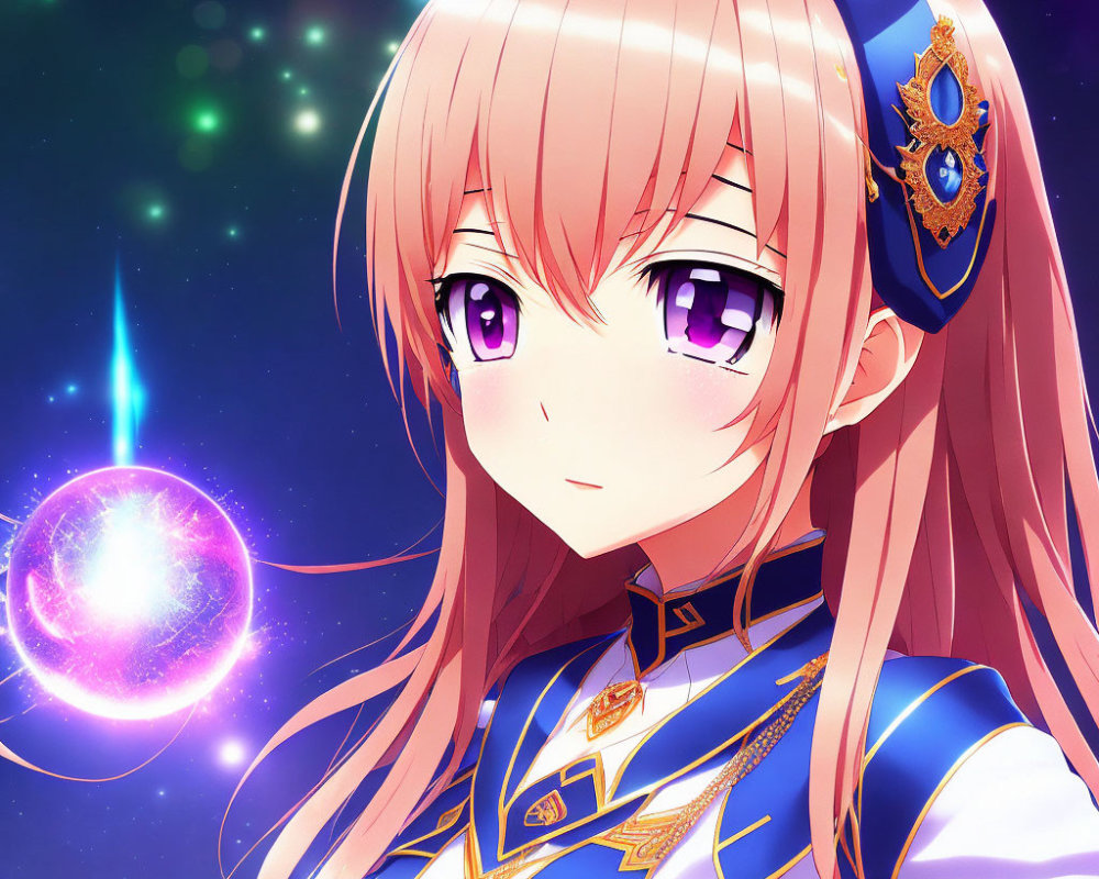 Pink-haired anime girl in blue and gold uniform against cosmic backdrop