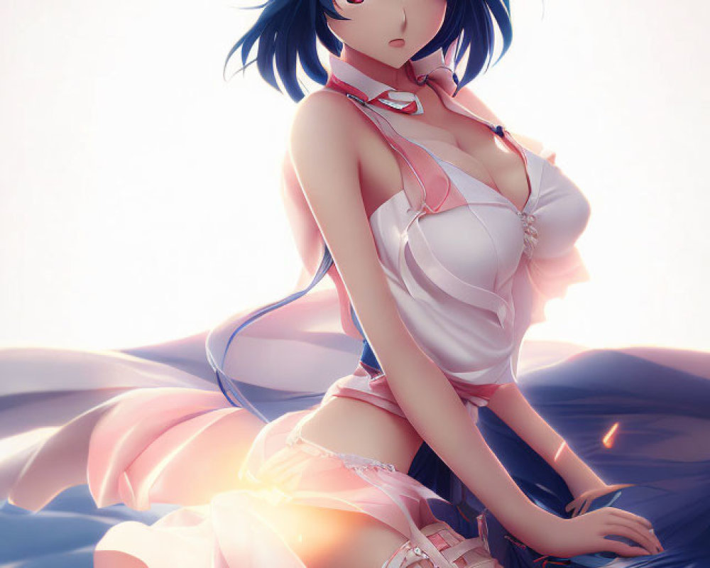 Illustration of girl with blue hair in white and pink outfit kneeling elegantly