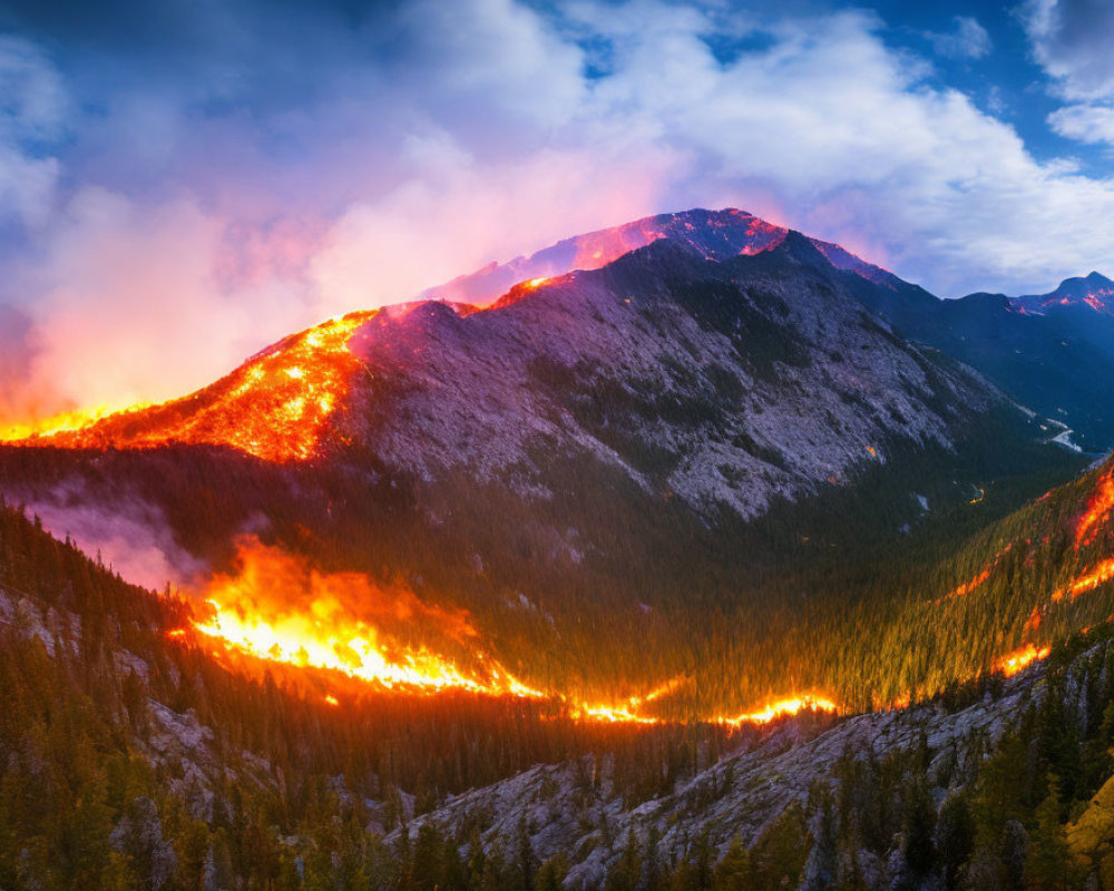 Wildfire Consuming Forested Mountain at Sunset: Intense Flames and Smoke in Dramatic Sky