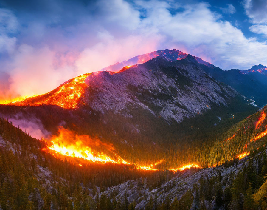 Wildfire Consuming Forested Mountain at Sunset: Intense Flames and Smoke in Dramatic Sky