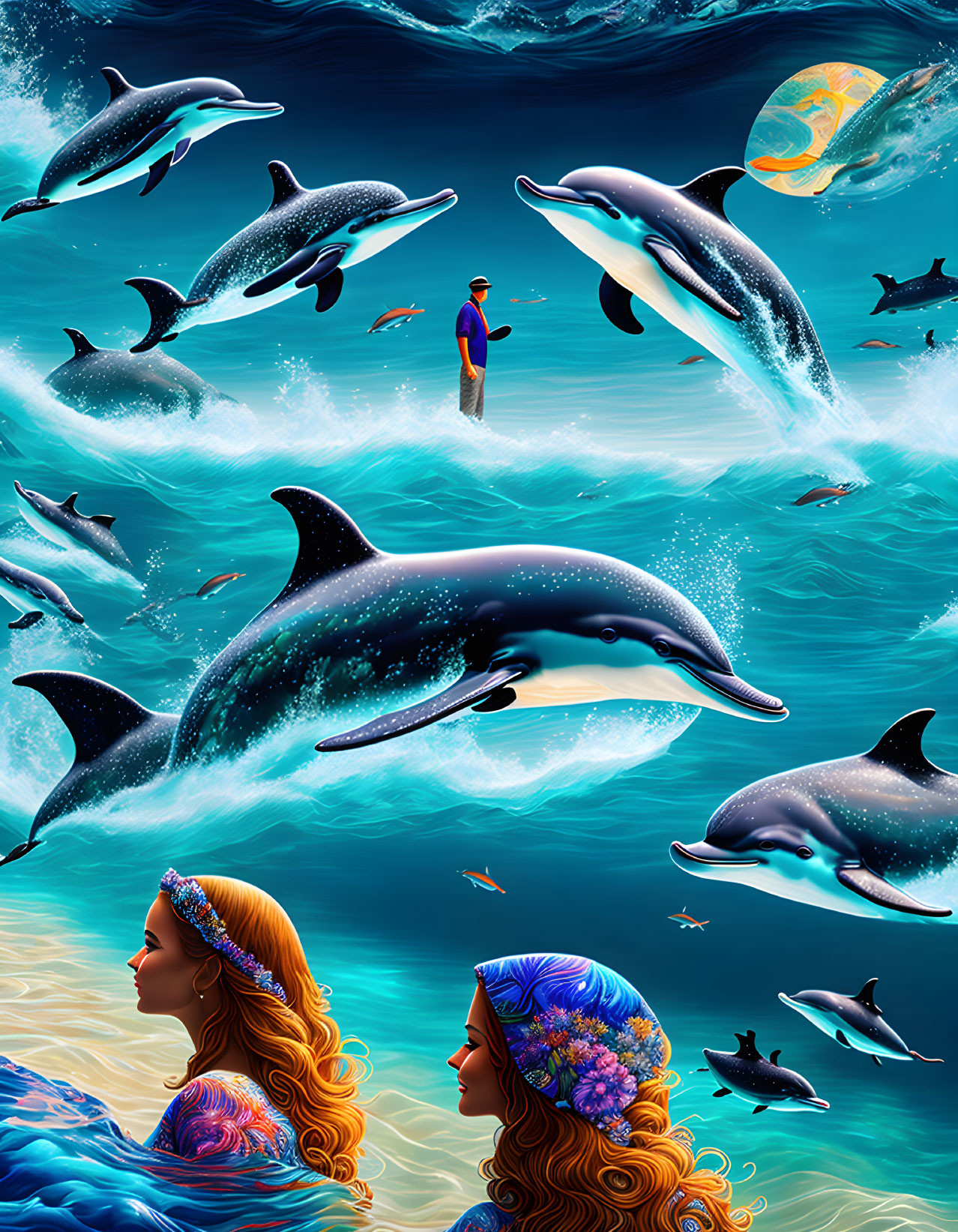 Digital artwork featuring man, dolphins, moon, women with marine life hair in underwater scene