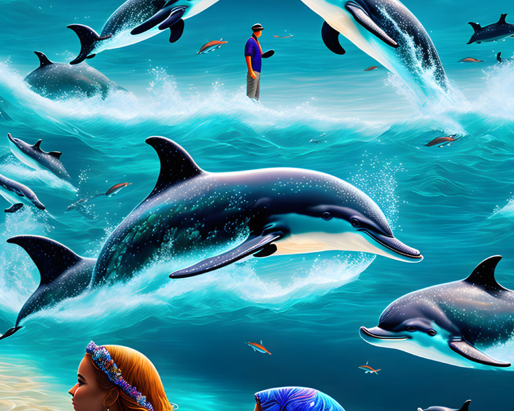 Digital artwork featuring man, dolphins, moon, women with marine life hair in underwater scene