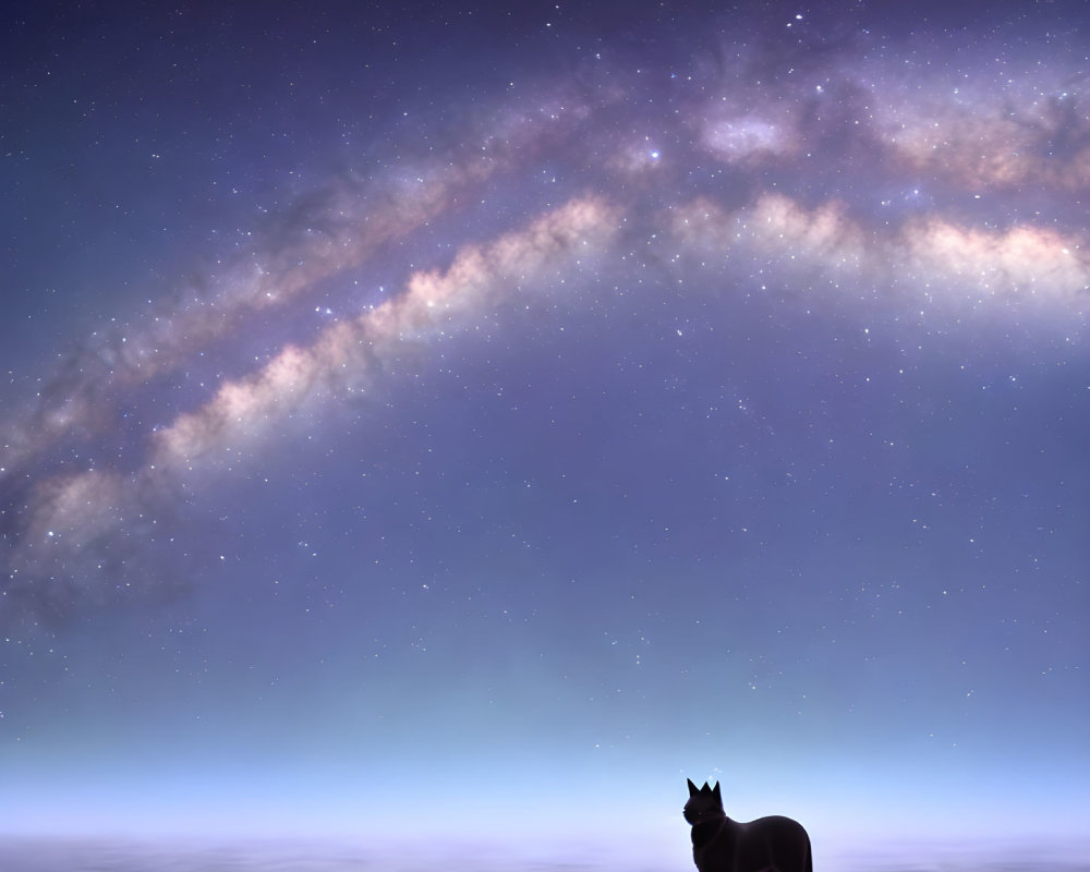 Silhouette of dog under starry night sky with Milky Way galaxy.