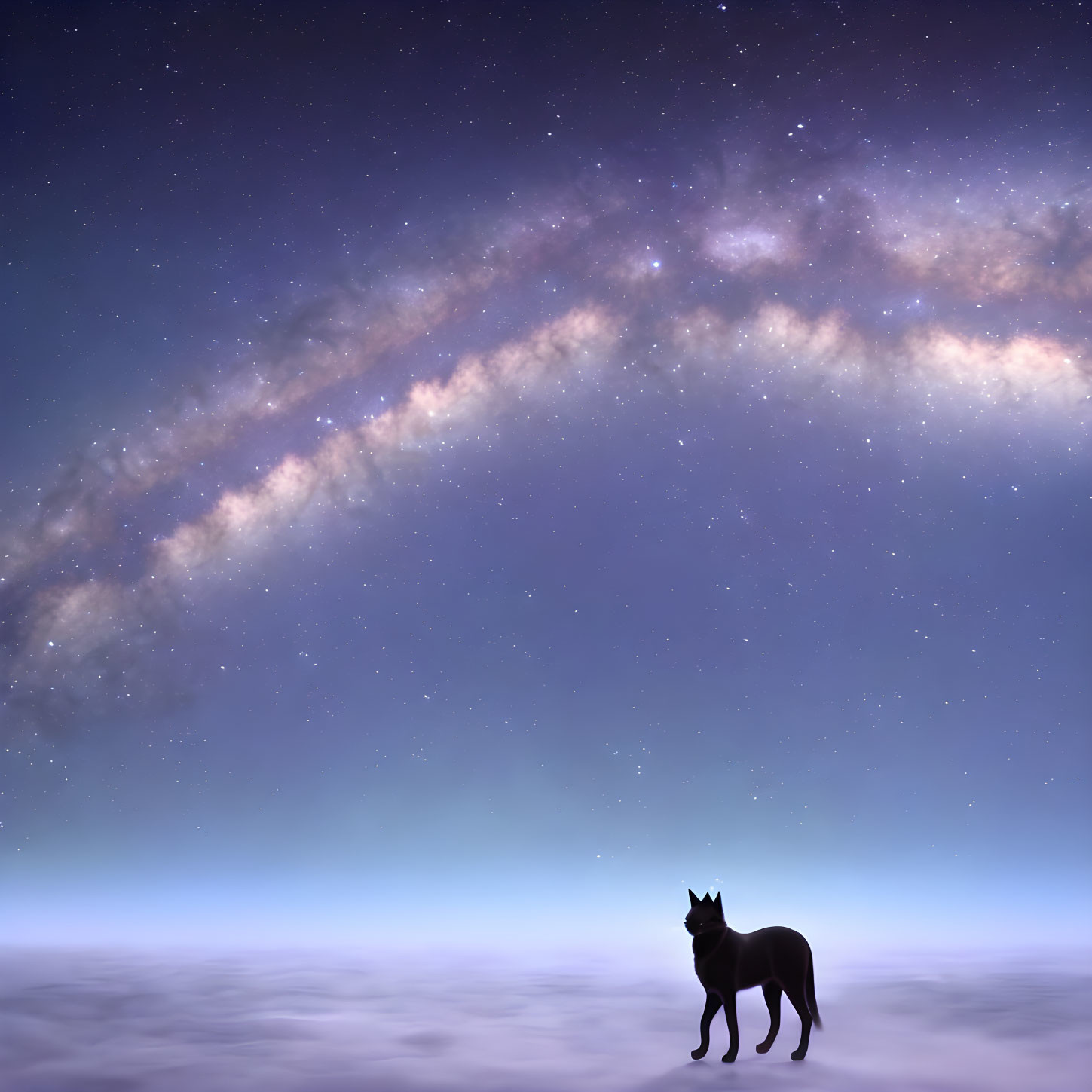 Silhouette of dog under starry night sky with Milky Way galaxy.