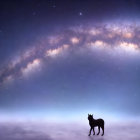 Silhouette of dog under starry night sky with Milky Way galaxy.