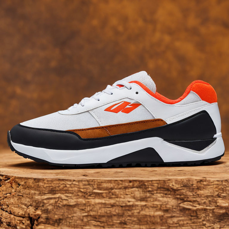 White Sneaker with Orange, Brown, Black Details on Wooden Surface