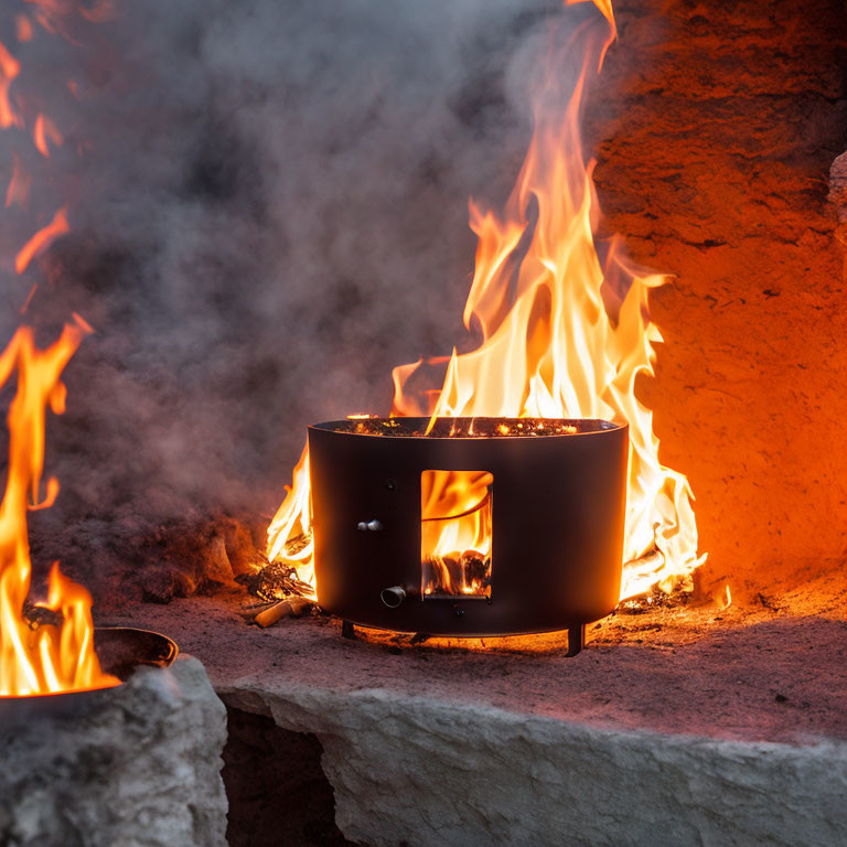 Portable Black Fire Pit with Orange Flames on Rustic Brick Backdrop