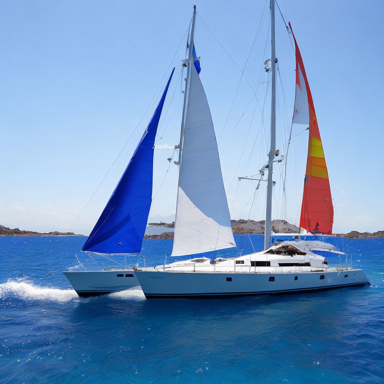 Blue and Rainbow Sailboats on Serene Blue Waters