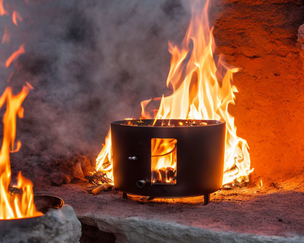 Portable Black Fire Pit with Orange Flames on Rustic Brick Backdrop