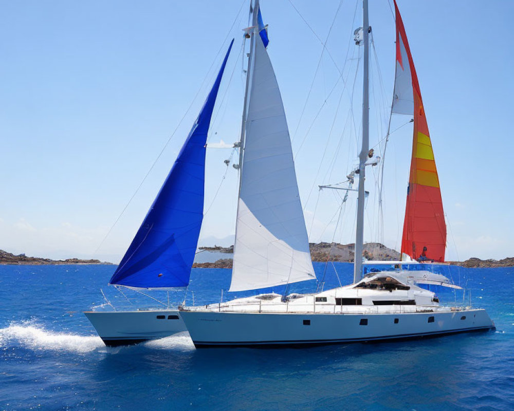 Blue and Rainbow Sailboats on Serene Blue Waters