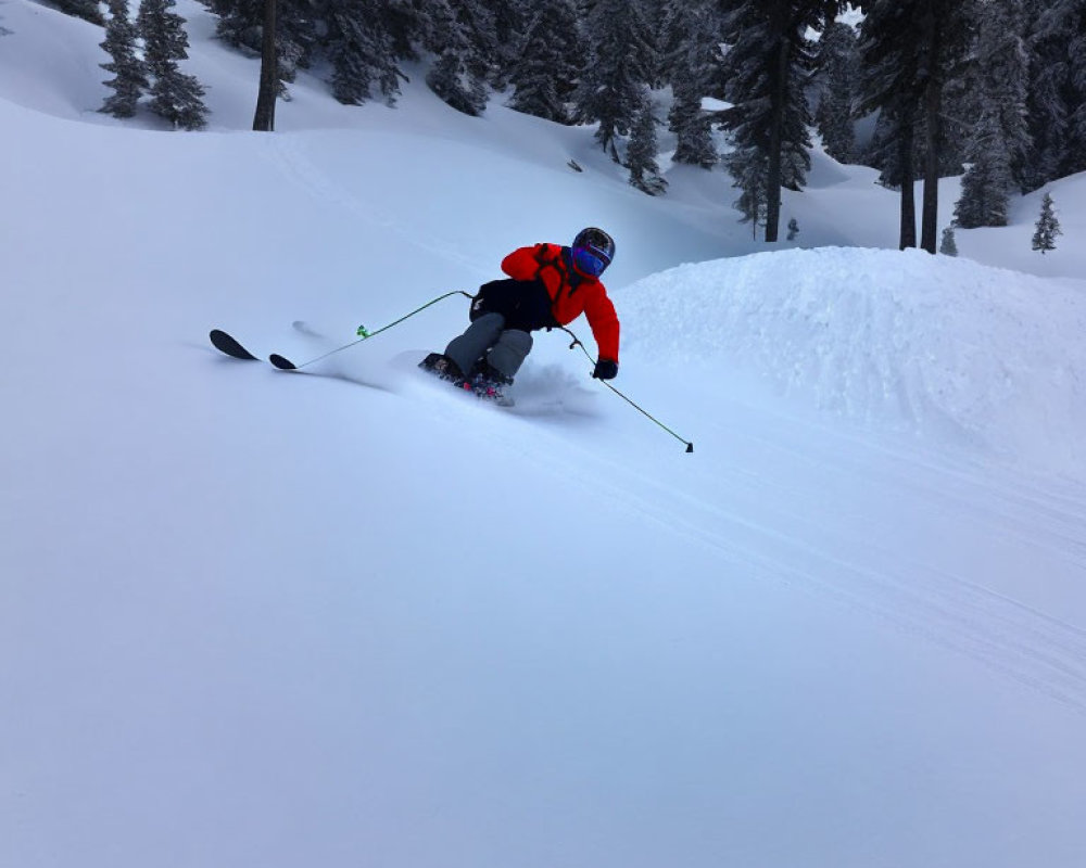 Skier in Red and Blue Jacket Carving Turn on Snowy Slope