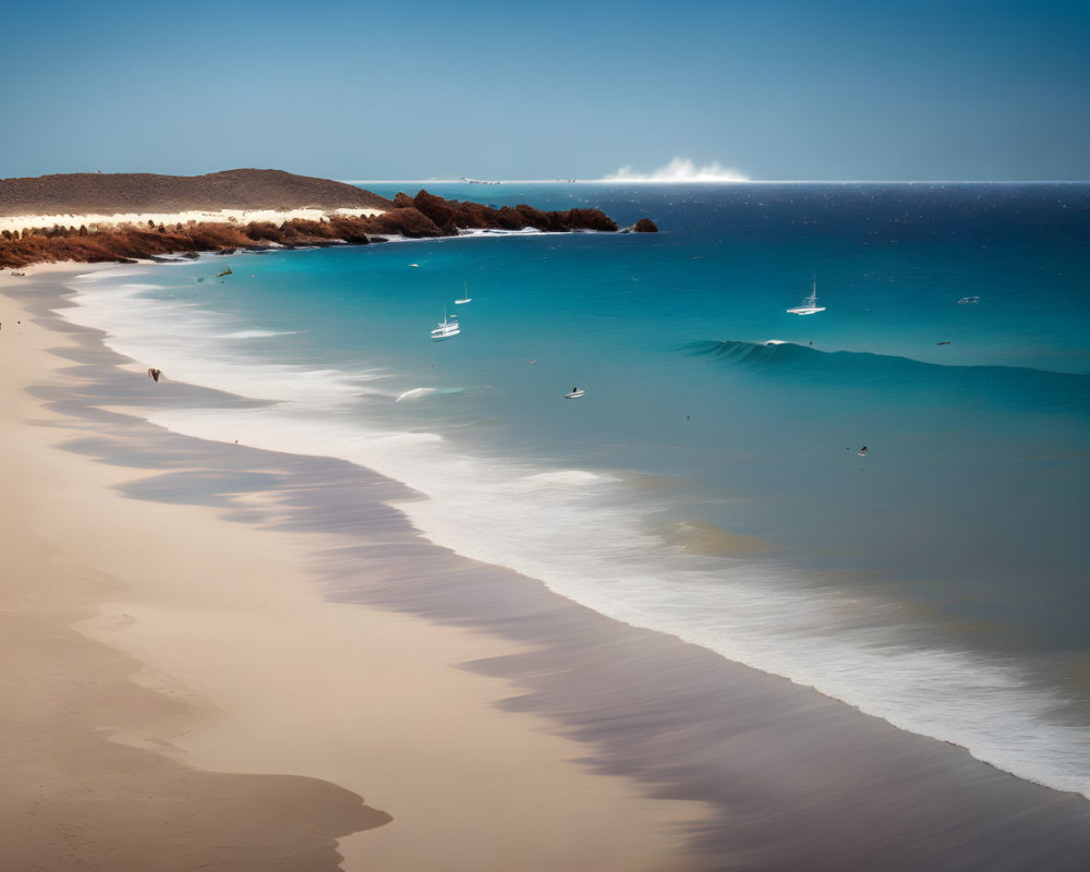 Tranquil beach scene with white sands, blue waters, sailboats, and rocky outcrop