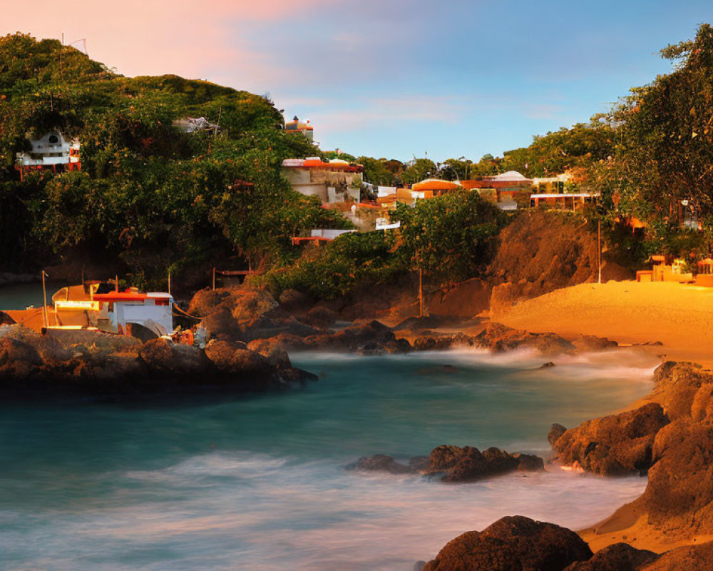 Tranquil Dusk Seascape with Rocky Shoreline and White Buildings