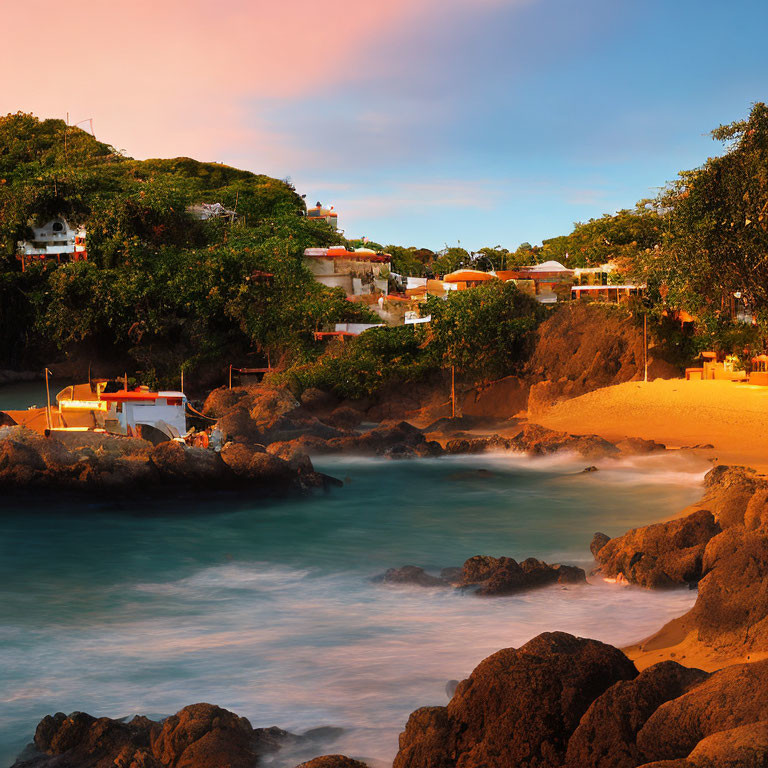 Tranquil Dusk Seascape with Rocky Shoreline and White Buildings