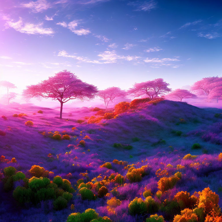 Colorful Dusk Landscape with Purple Trees and Lavender Hills