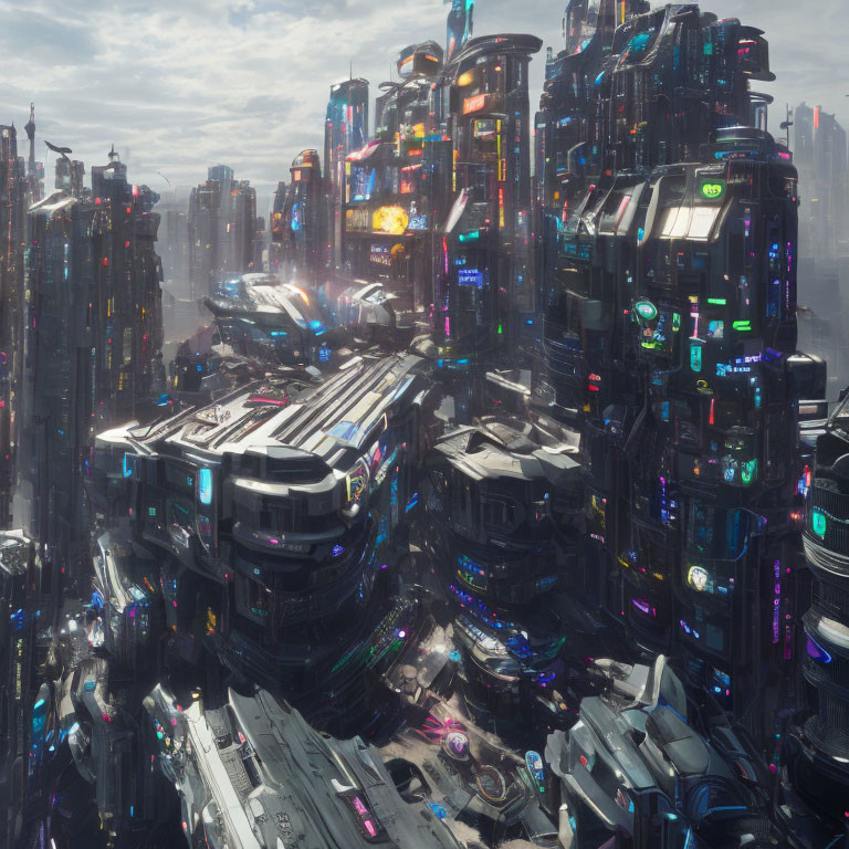 Futuristic cityscape with skyscrapers, neon lights, and flying vehicles