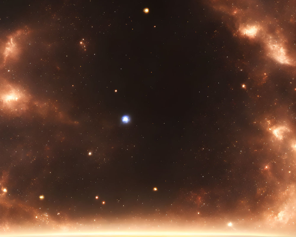 Bright star-filled cosmos over planet's golden sunrise in space