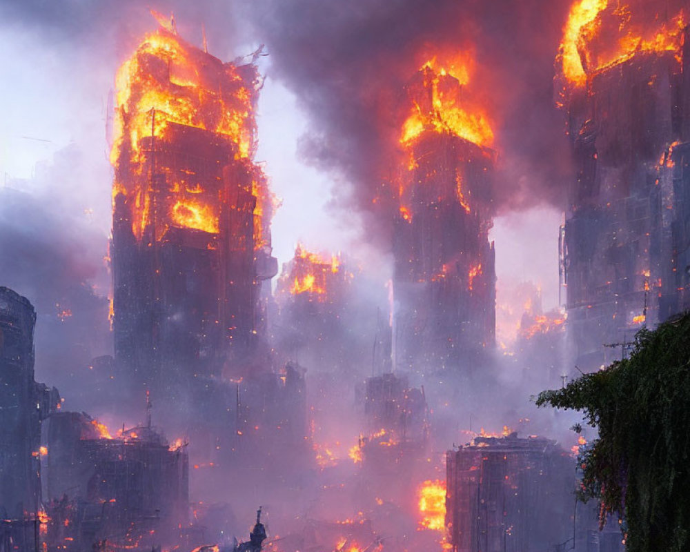 Dystopian city in flames with destroyed buildings and smoke-filled sky