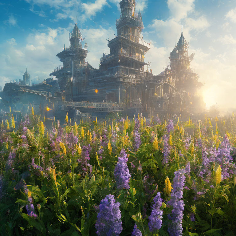 Majestic fantasy castle in purple flower field at sunrise or sunset