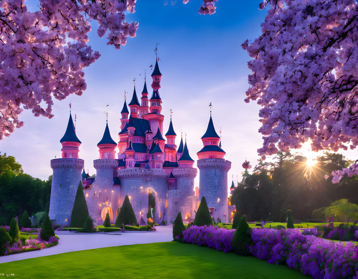 Fairytale Castle with Cherry Blossoms and Sunset Scenery