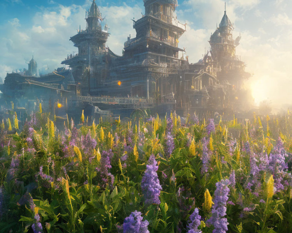 Majestic fantasy castle in purple flower field at sunrise or sunset