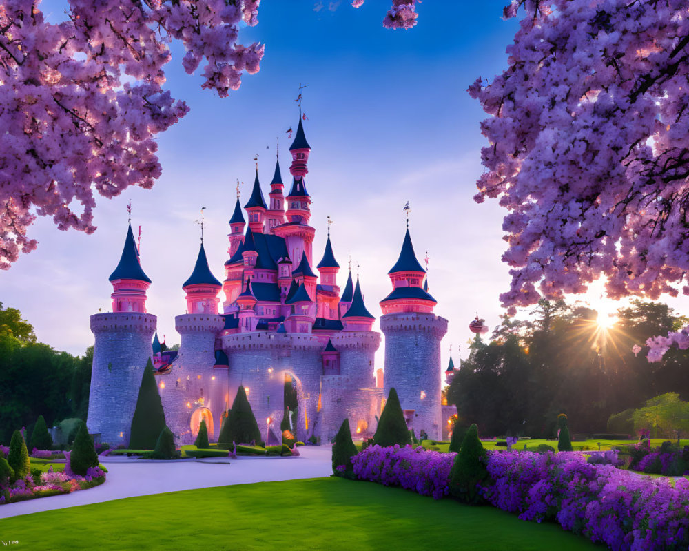 Fairytale Castle with Cherry Blossoms and Sunset Scenery