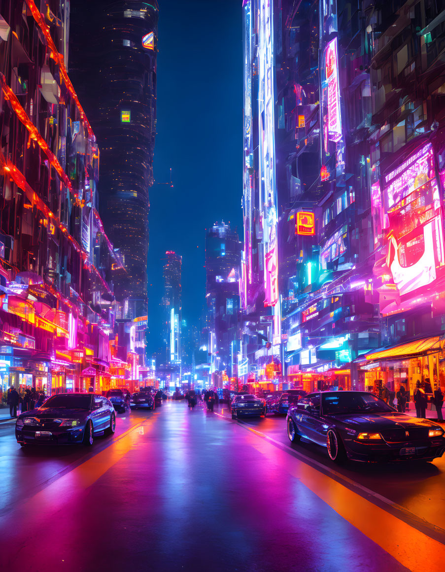 Neon-lit city street at night with skyscrapers & traffic