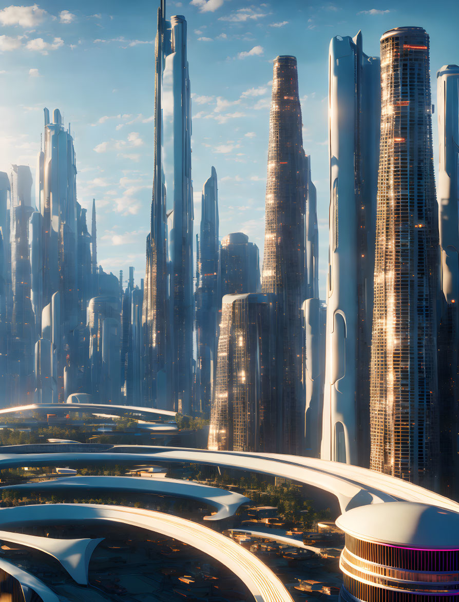 Futuristic cityscape with towering skyscrapers and sleek architecture