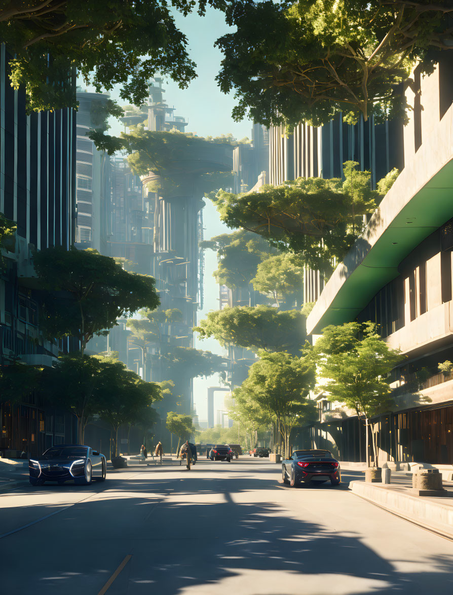 Futuristic cityscape with skyscrapers, greenery, pedestrians, and modern vehicles.