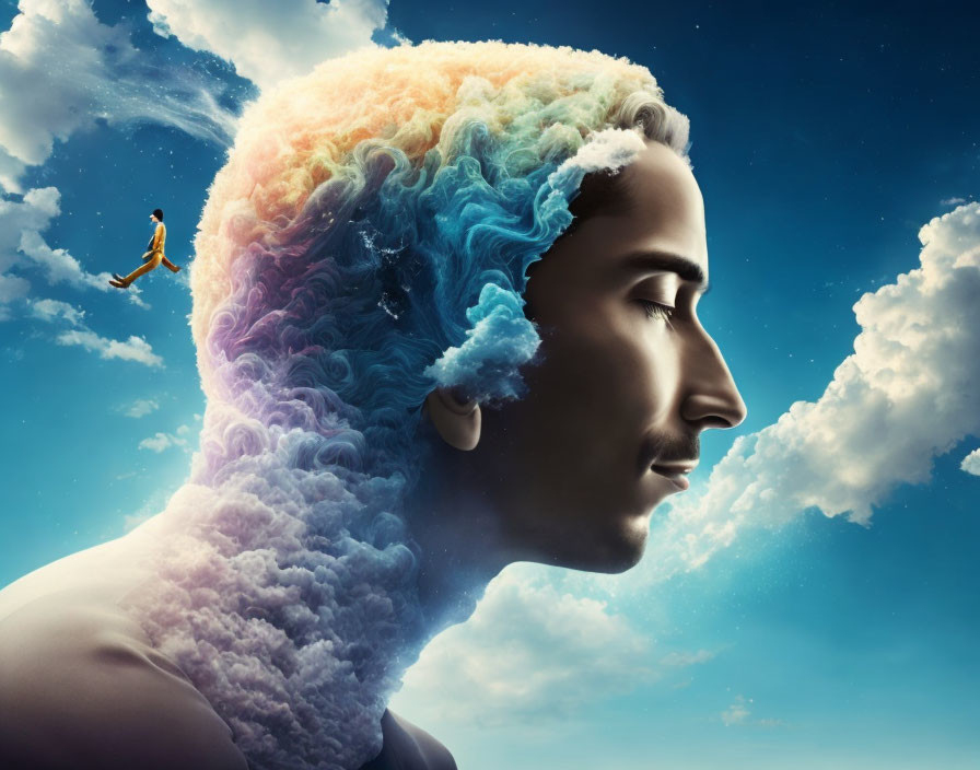 Person with colorful brain gazes into distance as figure jumps into cloudscape