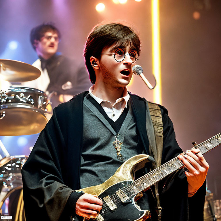 Musician dressed as wizard with guitar and drummer on stage