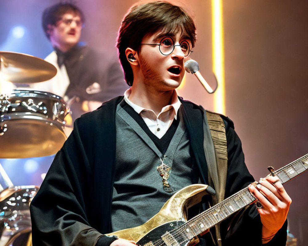 Musician dressed as wizard with guitar and drummer on stage