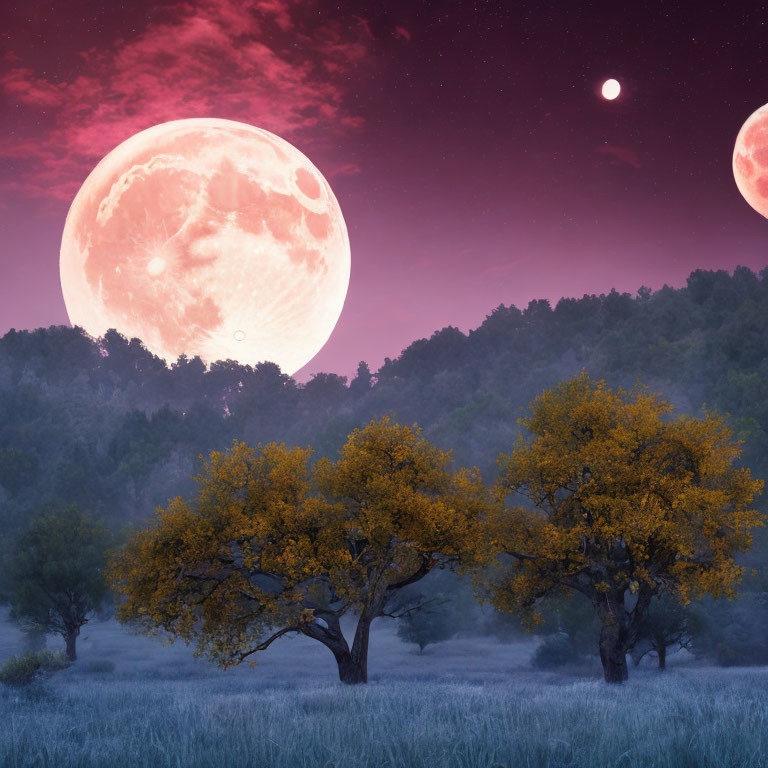 Dual moons light up purple and pink night sky over serene landscape.