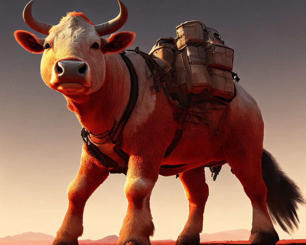 Ox with saddle and packs under red sky on alien terrain