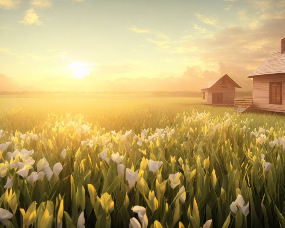 Serene Sunrise Scene with White Flowers and Wooden Houses