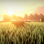 Serene Sunrise Scene with White Flowers and Wooden Houses