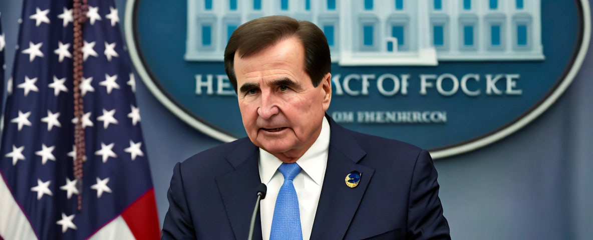 Man in suit at podium with microphone in front of American flag and official seals